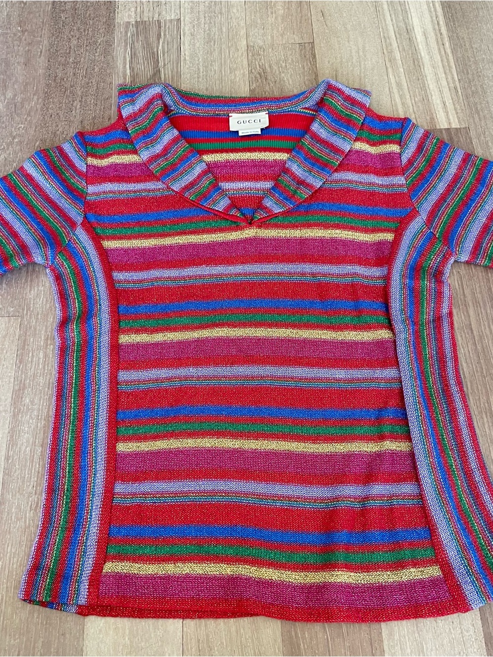 Gucci Kids Red Multicolor Striped V-Neck Tee
